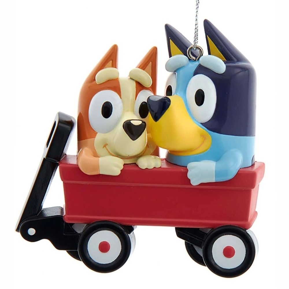 Kurt Adler Bluey and Bingo Ornament in Red Wagon
